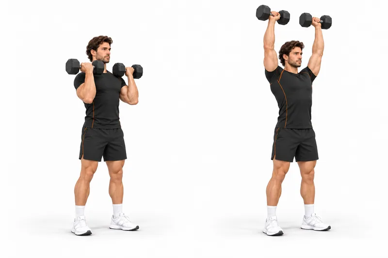 Sta met twee dumbbells voor je schouders en de handpalmen naar jezelf.