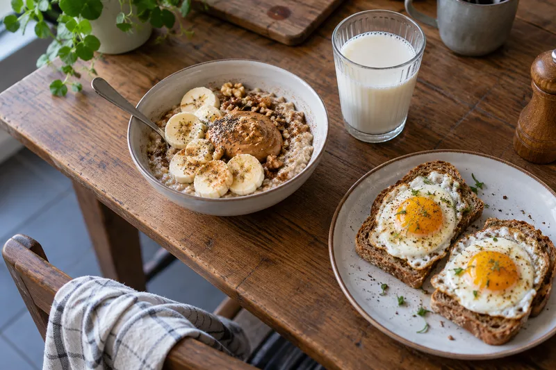 Havermout met banaan en pindakaas, melk en volkorenbrood met ei
