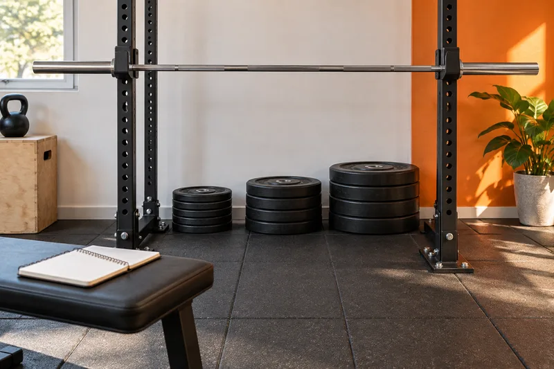 Een halterstang met oplopende groepen schijven naast een trainingsboek