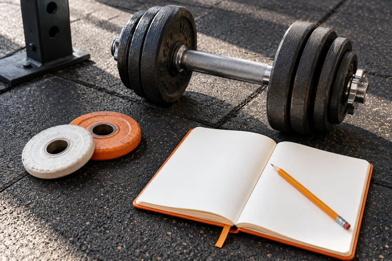 Kleine gewichtsschijven naast een dumbbell en trainingsboek