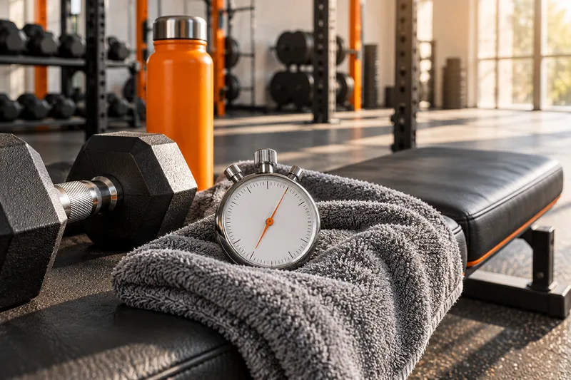 Een stopwatch naast een dumbbell en handdoek in de sportschool