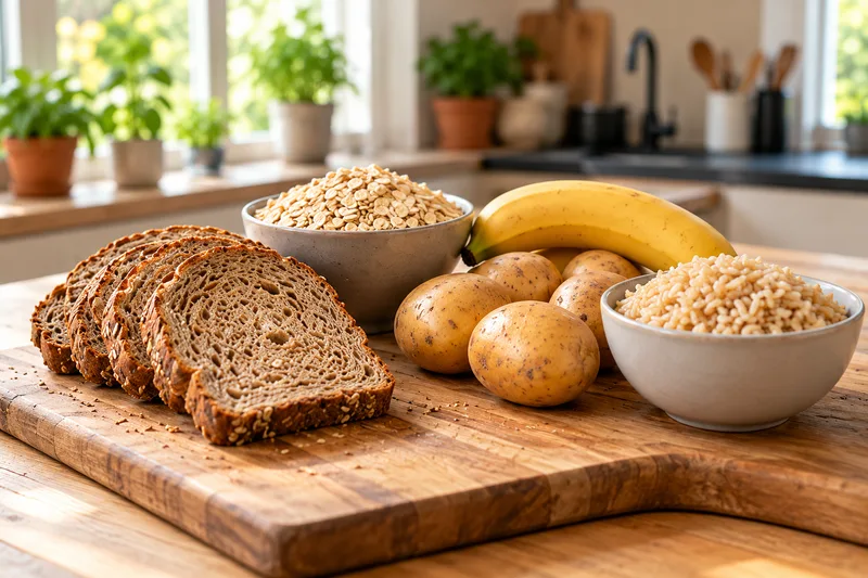 Volkorenbrood, havermout, een banaan, aardappelen en zilvervliesrijst op een keukenblad