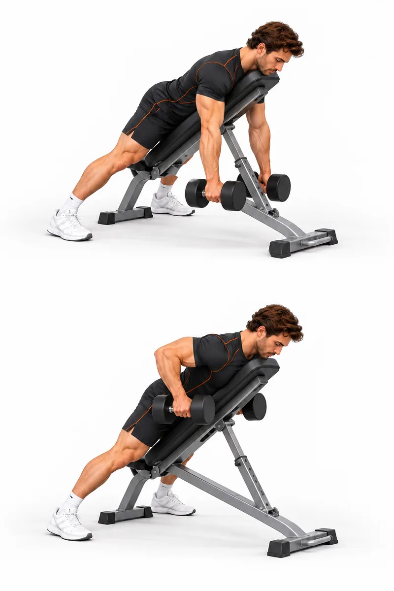 Laat twee dumbbells onder je schouders hangen met de borst op de schuine bank.