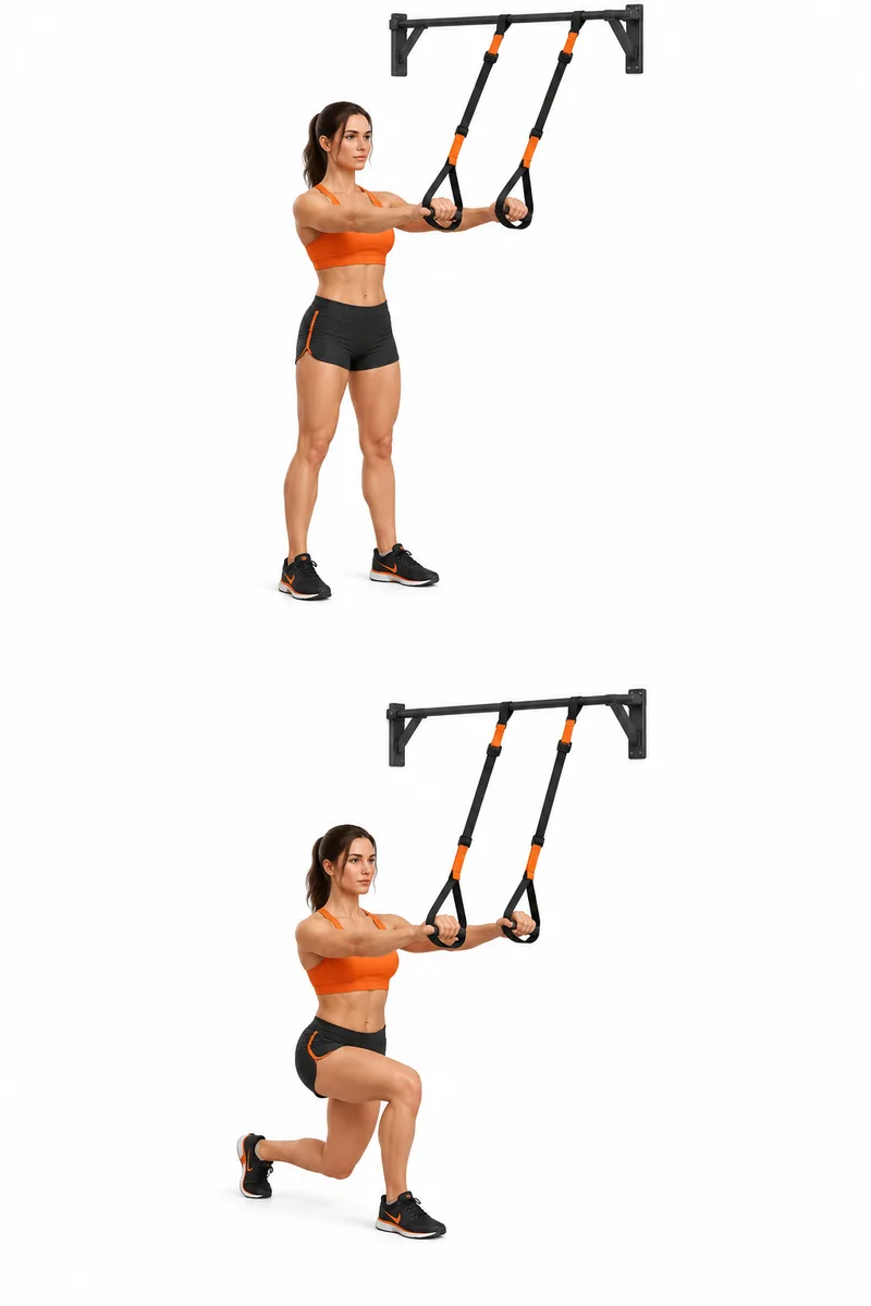 Rechtop met gestrekte armen aan twee handgrepen van een suspension trainer