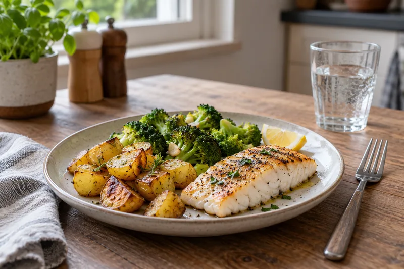 Een bord met vis, aardappelen en broccoli