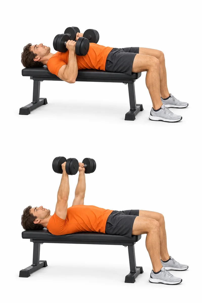 Liggend op een vlakke bank met twee dumbbells naast de borst, ellebogen gebogen en voeten op de vloer