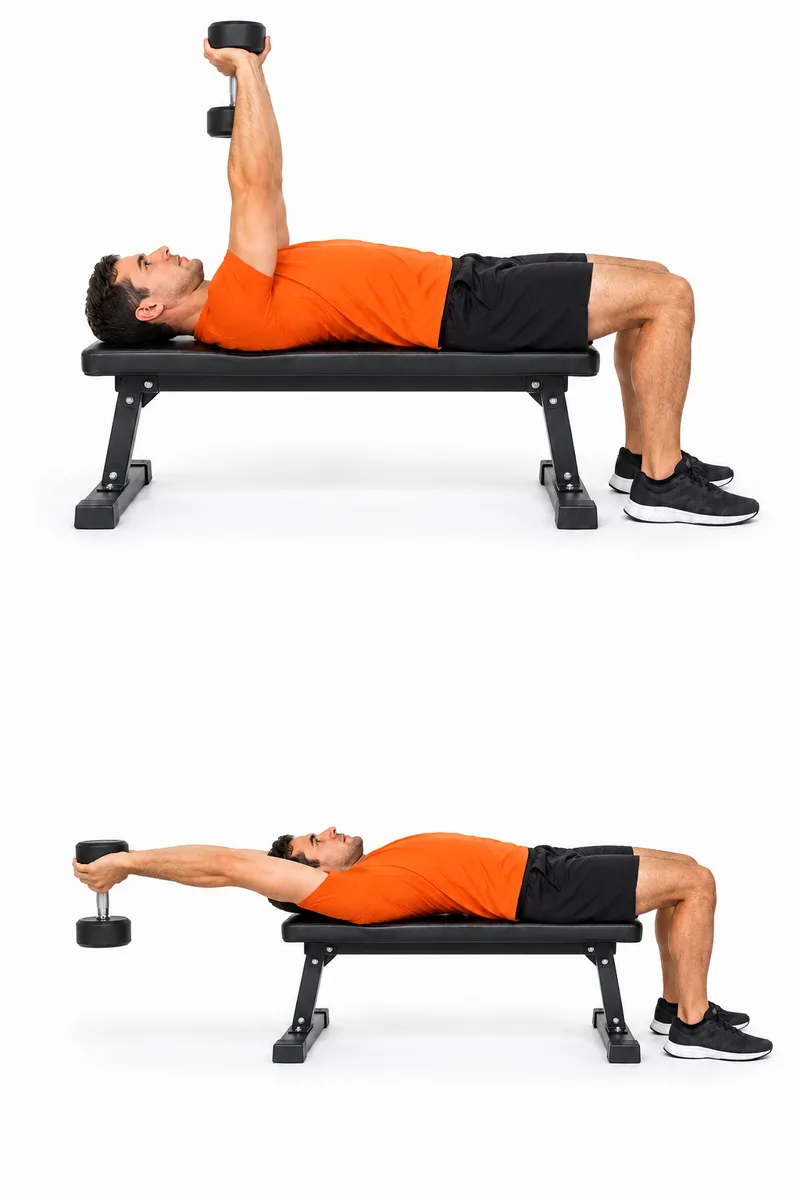 Languit op een vlakke bank met één dumbbell in twee handen boven de borst.