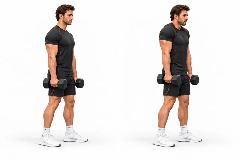 Rechtop met één voet iets voor de andere, twee dumbbells naast de benen en gestrekte ellebogen