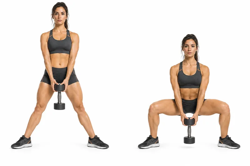 Een sporter staat breed en houdt één dumbbell aan de bovenste kop tussen de benen.