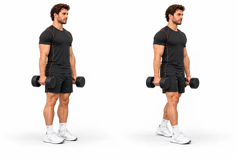 Houd in elke hand een even zware dumbbell naast je dij, met lange armen.