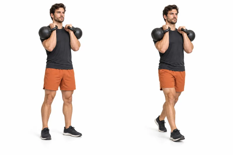 Rechtop met twee kettlebells tegen de onderarmen vóór de schouders en ellebogen dicht bij de romp