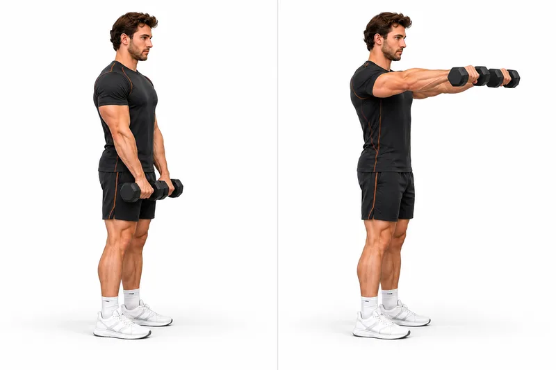 Sta rechtop met de dumbbells voor de bovenbenen en een lichte elleboogbuiging.