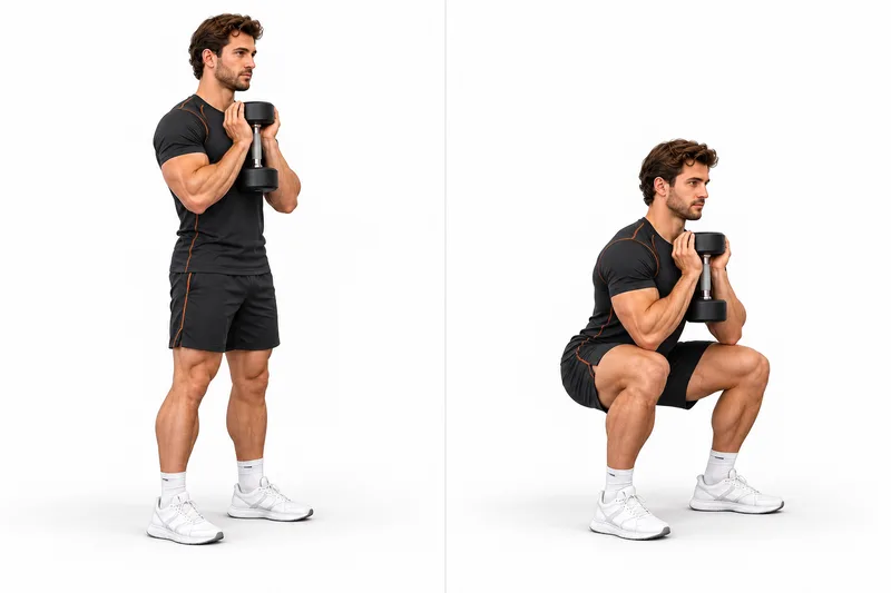 Sta met één verticale dumbbell tegen je borst, ondersteund door beide handen.