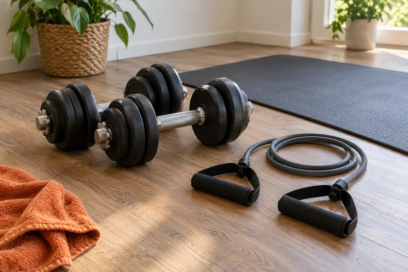 Twee verstelbare dumbbells en een weerstandsband met handvatten naast een fitnessmat