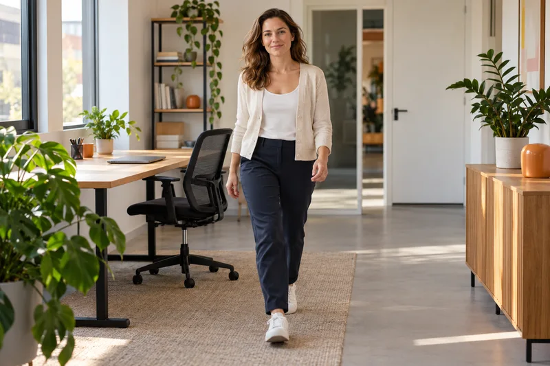 Een vrouw loopt bij haar bureau vandaan in een lichte werkkamer