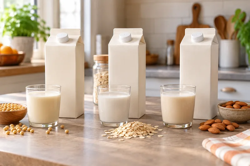Drie glazen plantaardige drink met sojabonen, haver en amandelen ernaast
