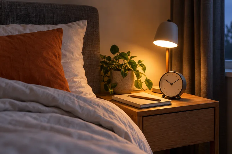 Een schrift en wekker naast een brandende leeslamp bij het bed