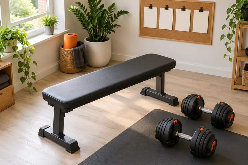 Een vlakke trainingsbank met dumbbells en vier blanco kaartjes op een prikbord