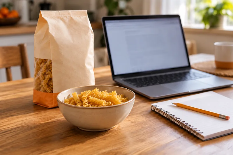 Een schaaltje droge pasta en een verpakking naast een laptop en schrift