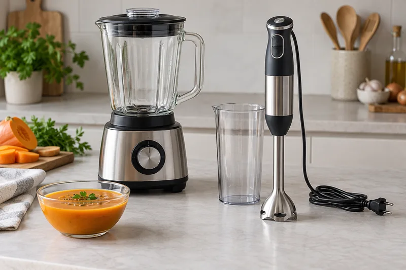 Blender met kan en staafmixer met maatbeker naast een kom groentesoep.