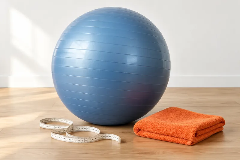 Blauwe fitnessbal op een houten vloer naast een meetlint en een oranje handdoek.