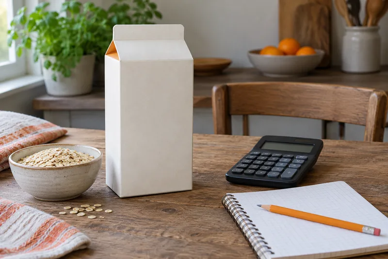 Een blanco voedingsverpakking, rekenmachine en notitieboek naast een kom havervlokken.