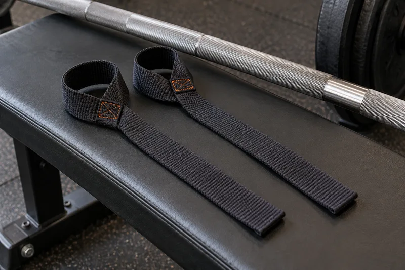 Twee zwarte geweven lifting straps met een polslus en lange uiteinden naast een halterstang.