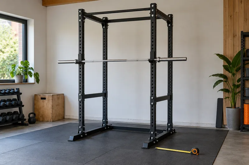 Zwart stalen power rack met een halterstang op de steunen en een meetlint op de vloer.