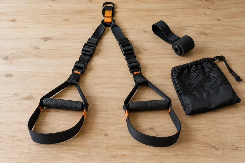 Verstelbare trainingsbanden met twee handgrepen, voetlussen, een los deuranker en opbergtas.