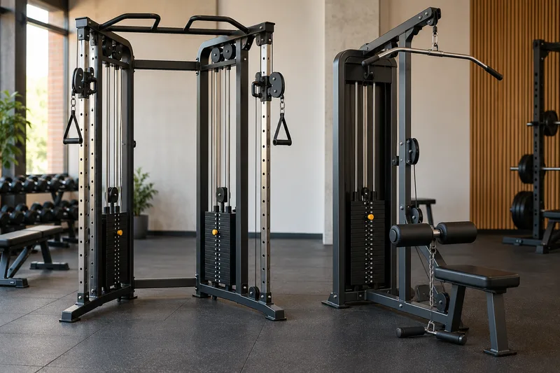 Twee verschillende krachtapparaten met gewichtenstapels in een sportschool