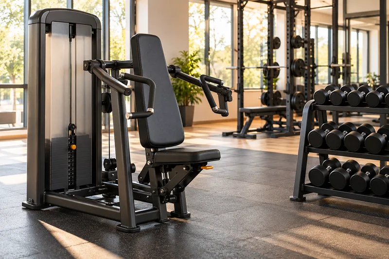 Een krachtapparaat en een rek met dumbbells in dezelfde sportschool