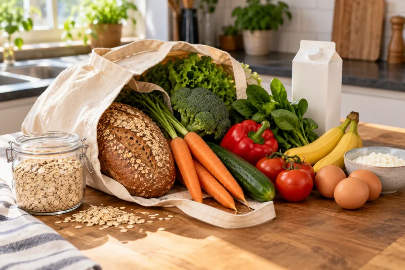 Een boodschappentas met brood, groente, havermout en zuivel