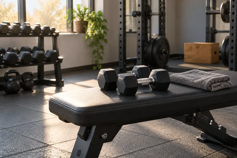 Een lichte dumbbell en een opgevouwen handdoek op een lege trainingsbank