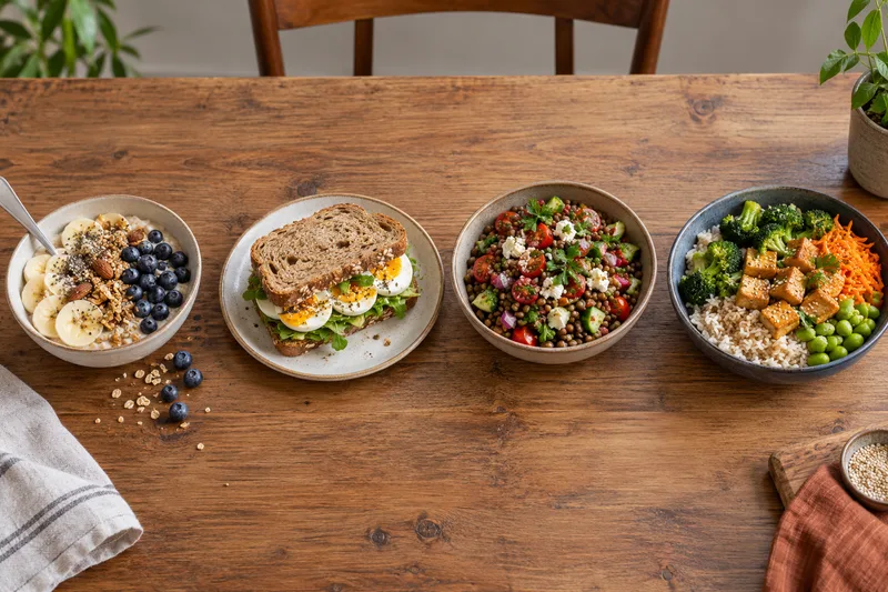Vier maaltijden met een ontbijtkom, brood, peulvruchtensalade en een rijstgerecht