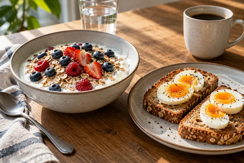 Kwark met havermout en fruit naast volkorenbrood met ei
