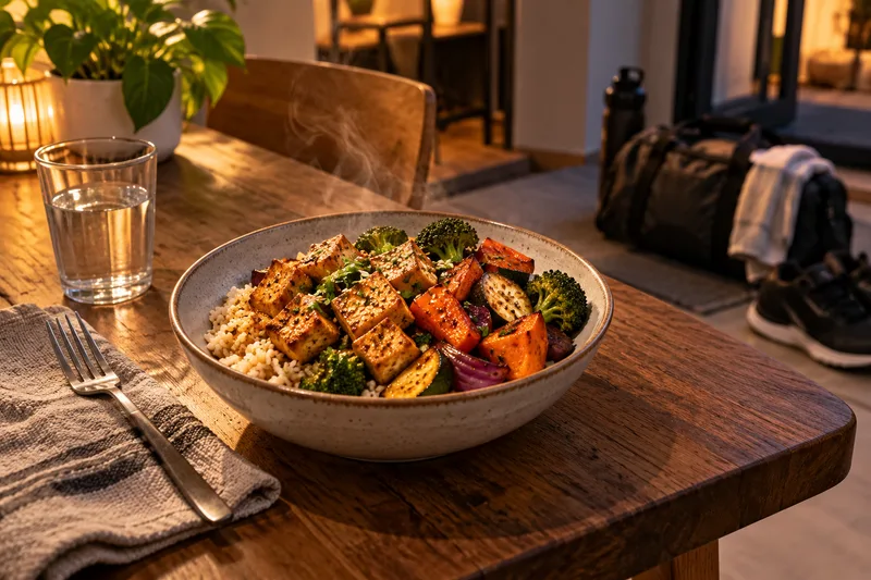 Een avondmaaltijd met rijst, tofu en groenten naast een sporttas