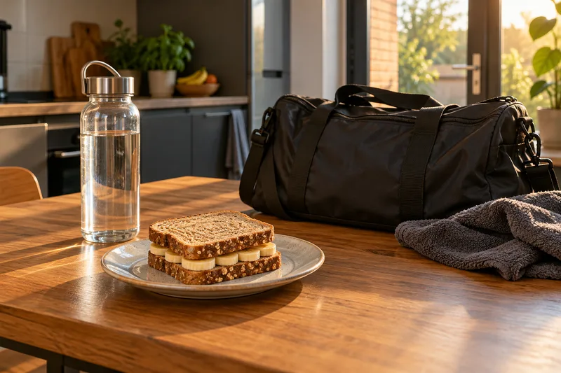 Een volkoren sandwich en waterfles naast een ingepakte sporttas