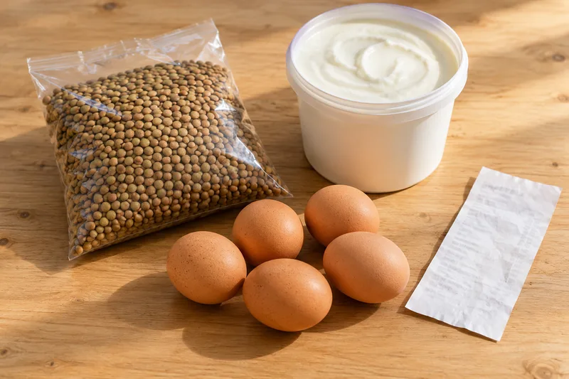 Linzen, eieren en een grote pot yoghurt naast een kassabon