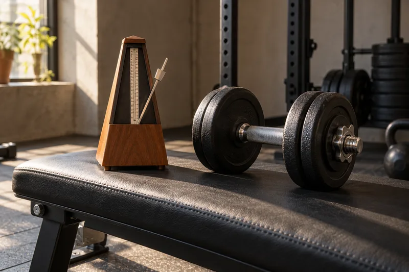 Een analoge metronoom naast een dumbbell op een trainingsbank