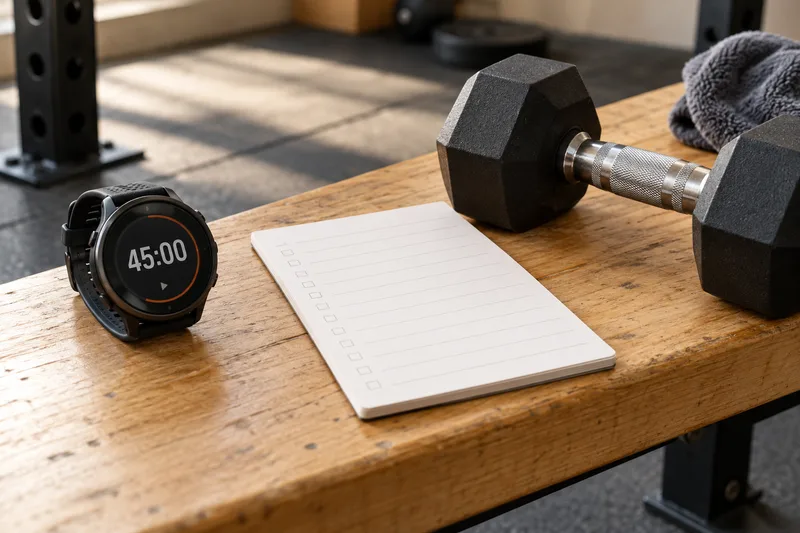 Een sporthorloge naast een trainingskaart en een dumbbell