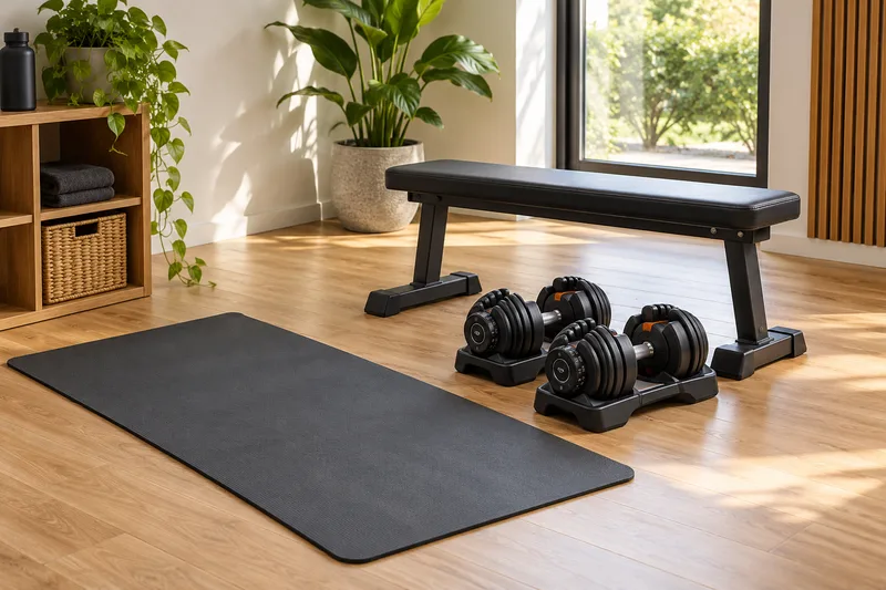 Verstelbare dumbbells, een trainingsbank en mat in een opgeruimde kamer