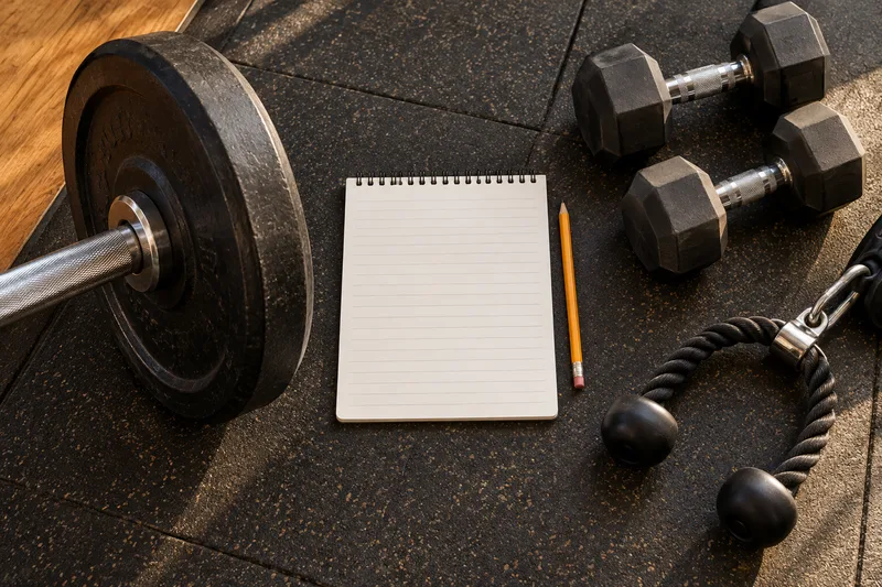 Een trainingskaart met lege regels naast een halter, dumbbells en een kabelgreep