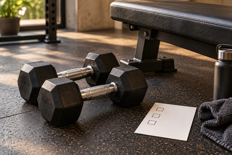 Een trainingsbank met dumbbells en een notitiekaart met lege vakjes