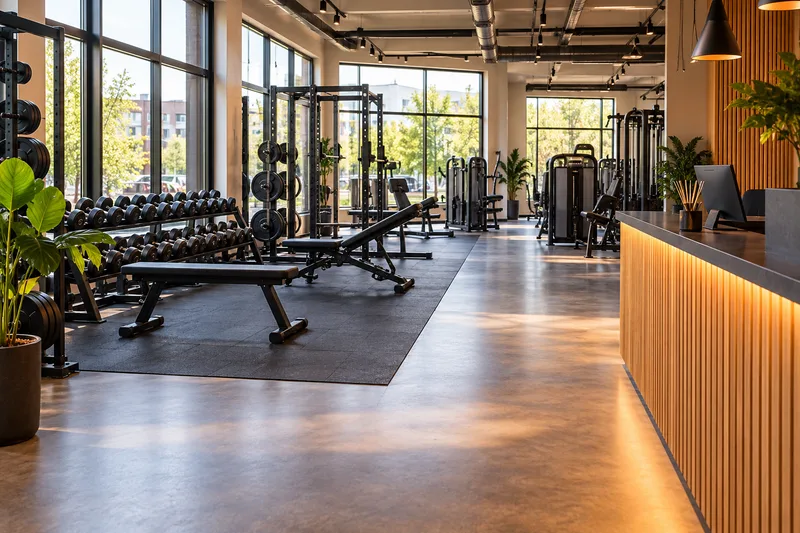 Een lichte sportschool met vrije gewichten, apparaten en een ontvangstbalie