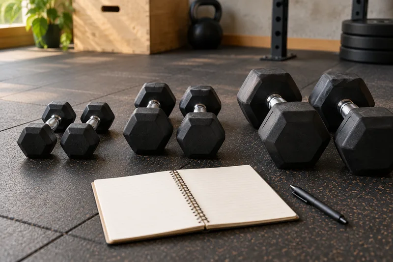 Drie paren dumbbells van verschillende grootte naast een open notitieboek