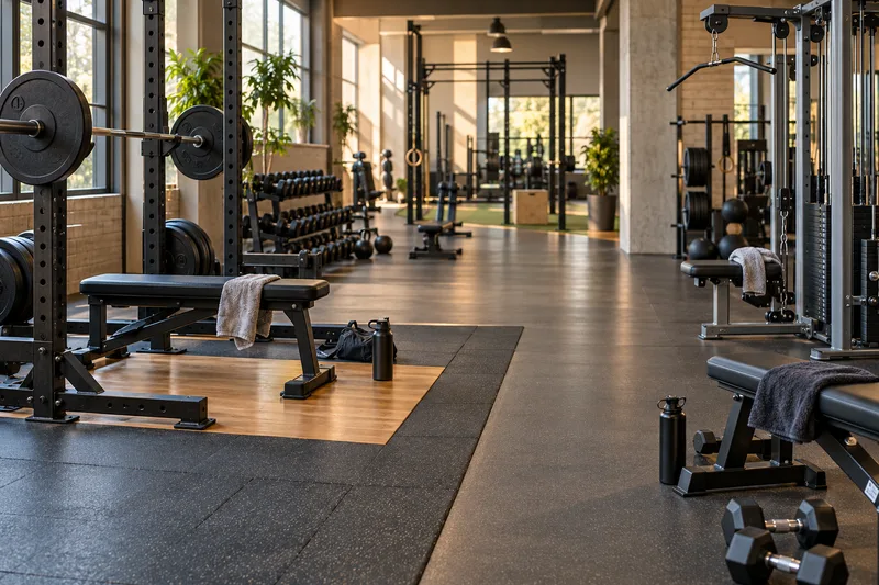 Verschillende trainingsplekken en sporttassen in een ruime sportschool