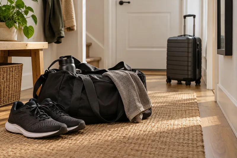 Sportschoenen en een sporttas naast een kleine reiskoffer