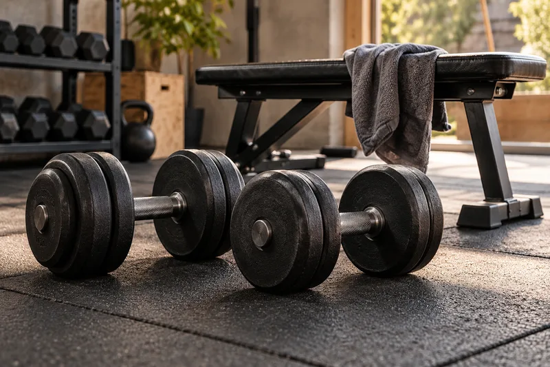 Een paar dumbbells op de vloer naast een lege trainingsbank en handdoek