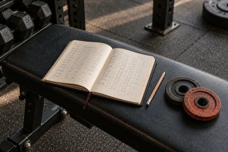 Een trainingsschrift met herhaalde notities naast kleine gewichtsschijven