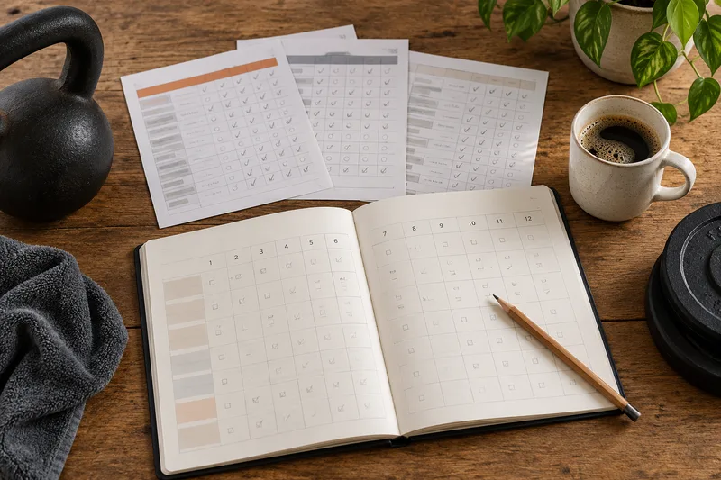 Een open agenda met trainingsbladen en een pen op een tafel